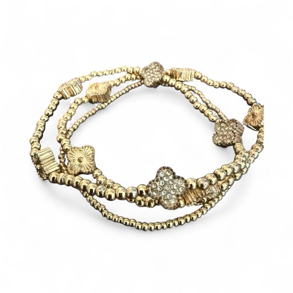 Gold Multi-Strand Beaded Bracelet – Clover & Floral Rhinestone Charm